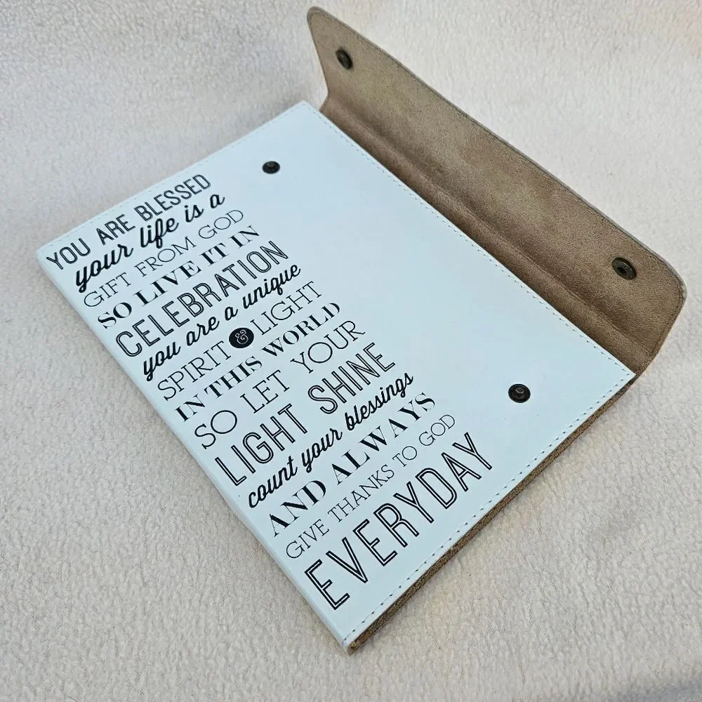 Blessed White and Black Snap Front Faux Leather Notebook